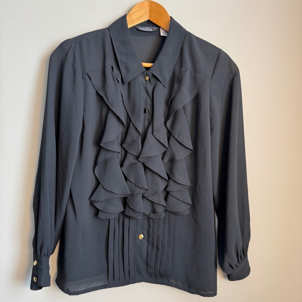 Kara Vintage Ruffle Front Long Sleeve Button Up Sheer Blouse Black 5/6 Victorian